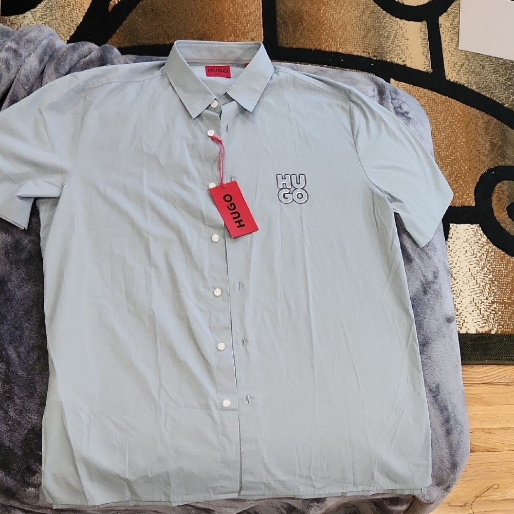 HUGO Blue Casual Button Down Shirt with Logo